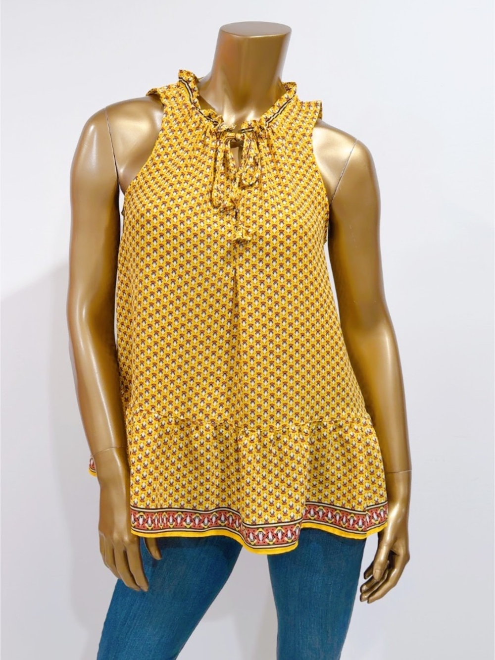 Max Studio Women's Yellow Floral Sleeveless Ruffle Tie Neck Flowy Top Size M
